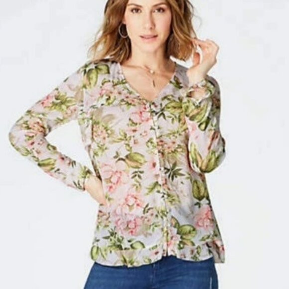 J Jill Floral Ruffle Trim Blouse Women Large Petite White Pink Green Cottagecore - Picture 1 of 11